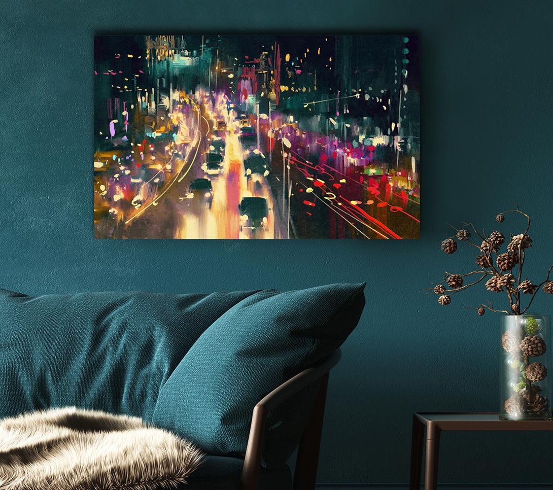 Picture of Busy Night Traffic Lights Watercolour Canvas Print Wall Art