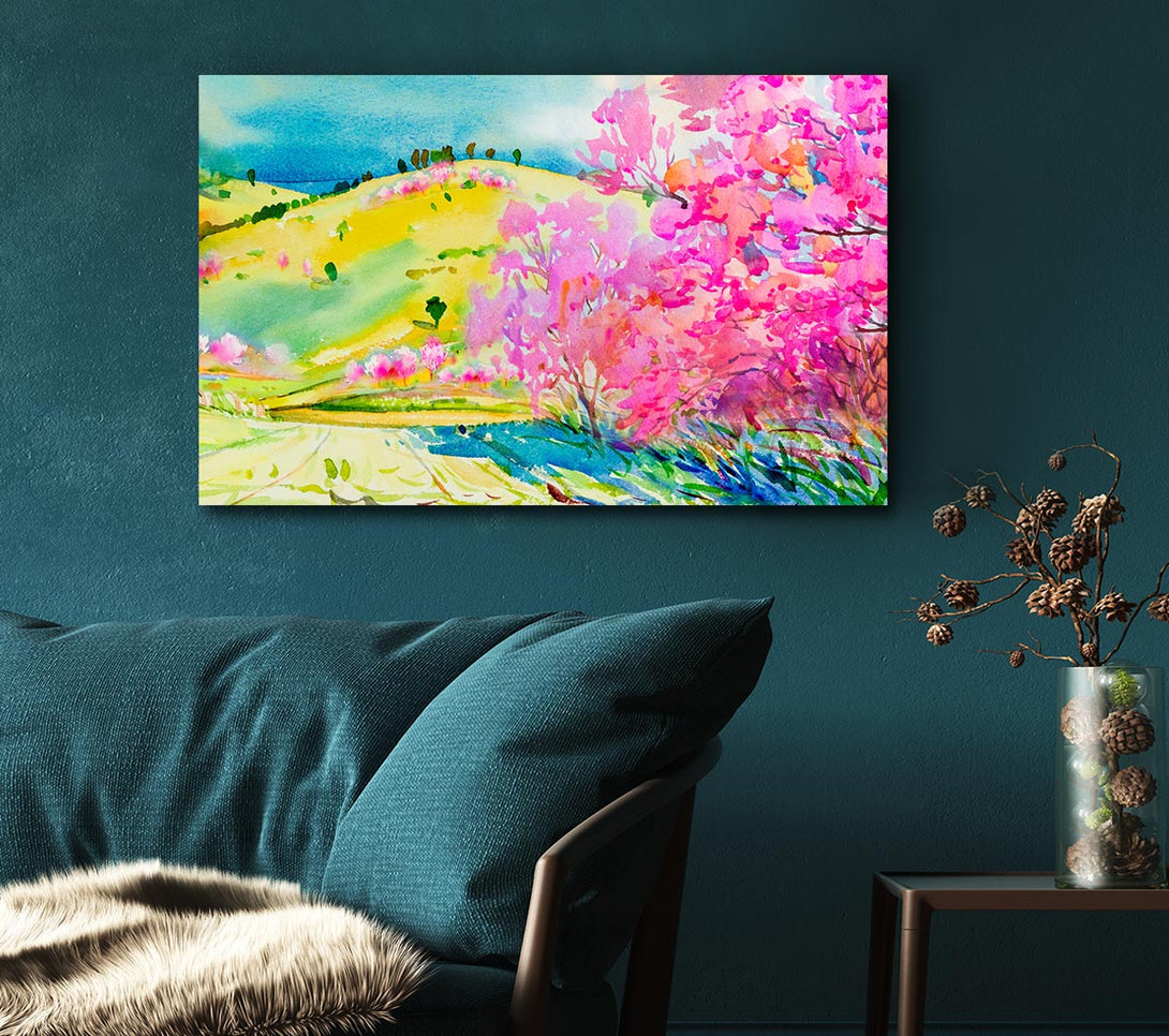 Picture of Pink Blossom Hilltops Canvas Print Wall Art