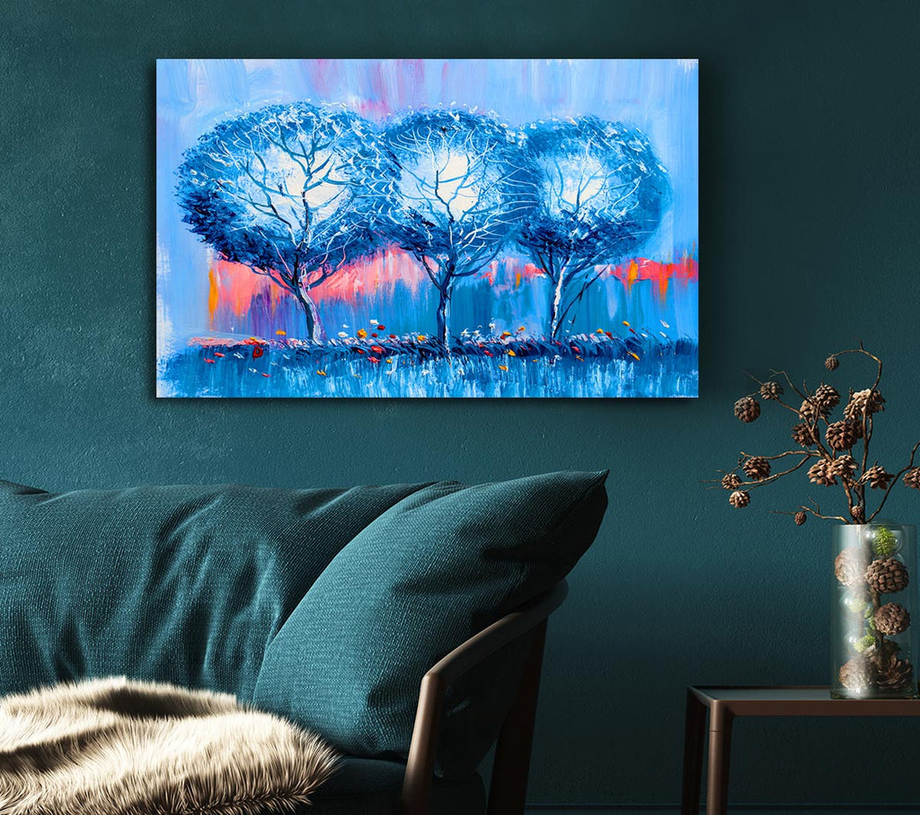 Picture of Three Blue Winter Trees Canvas Print Wall Art