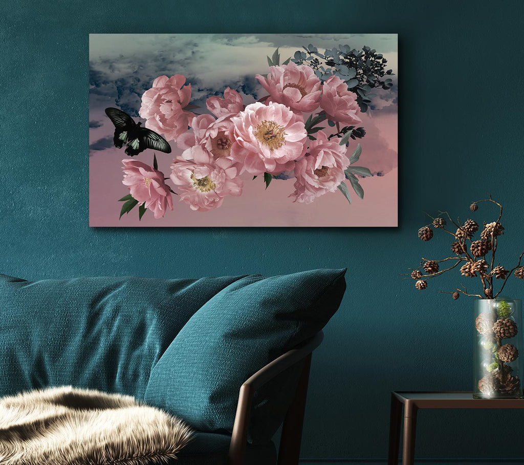 Picture of Cloudy Butterfly Flowers Canvas Print Wall Art