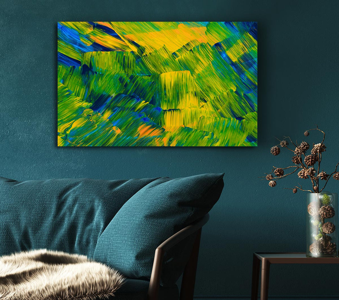 Picture of Green On Yellow Flat Brush Trokes Canvas Print Wall Art