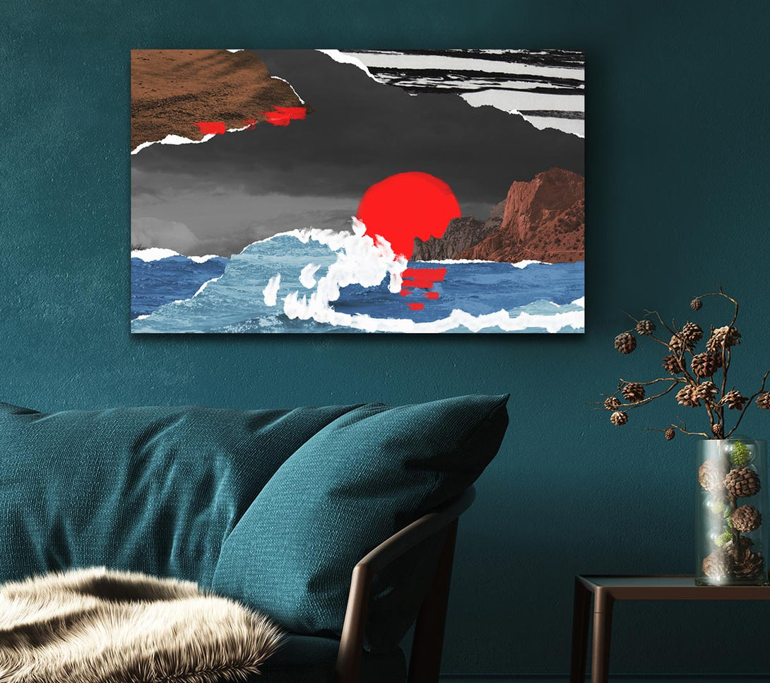Picture of Cut Out Mountain Ocean Red Sun Canvas Print Wall Art