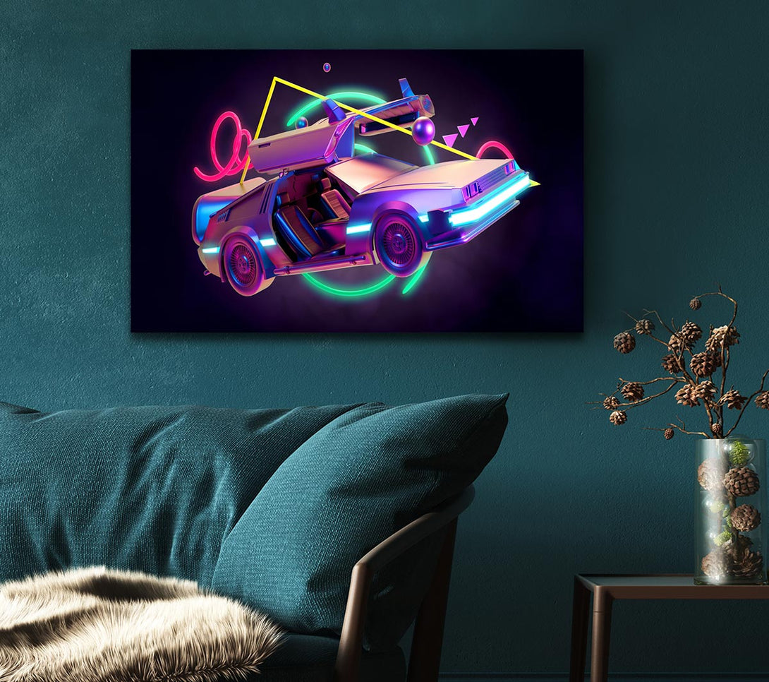 Picture of Delorean Car Neon Canvas Print Wall Art