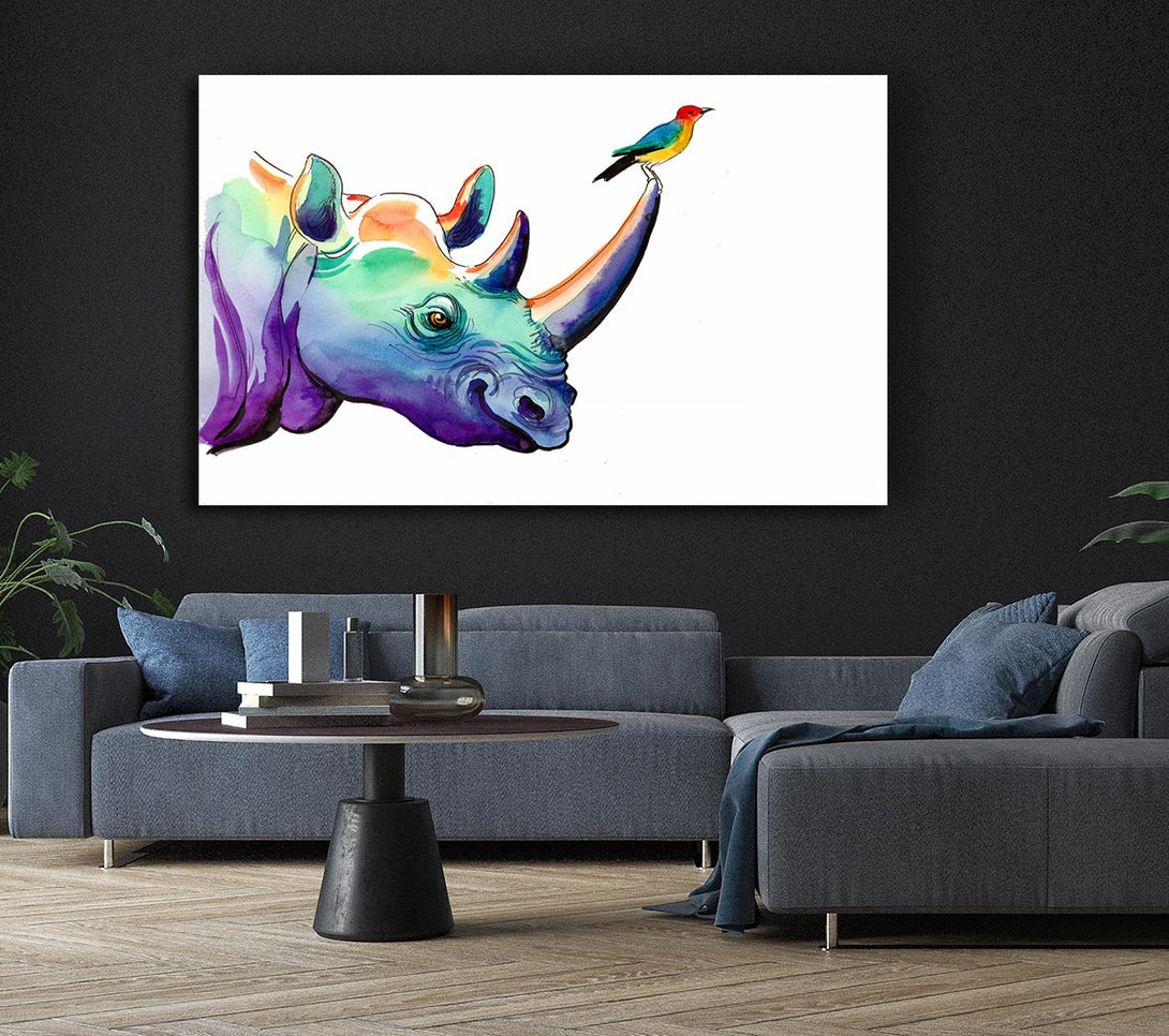  A Canvas Print of Rainbow Rhino Bird Canvas Art