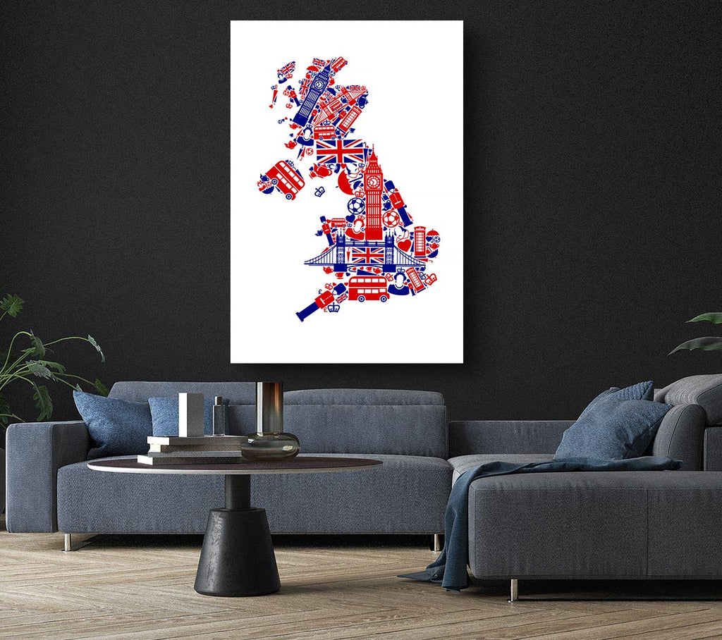 Picture of London Icons In The Shape Of The UK Canvas Print Wall Art