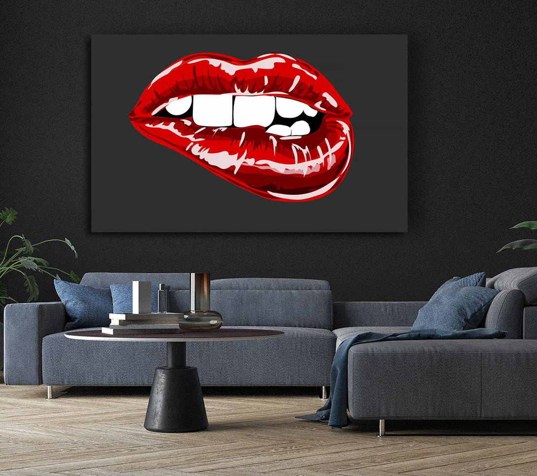 Picture of Red Lip Bite On Grey Canvas Print Wall Art