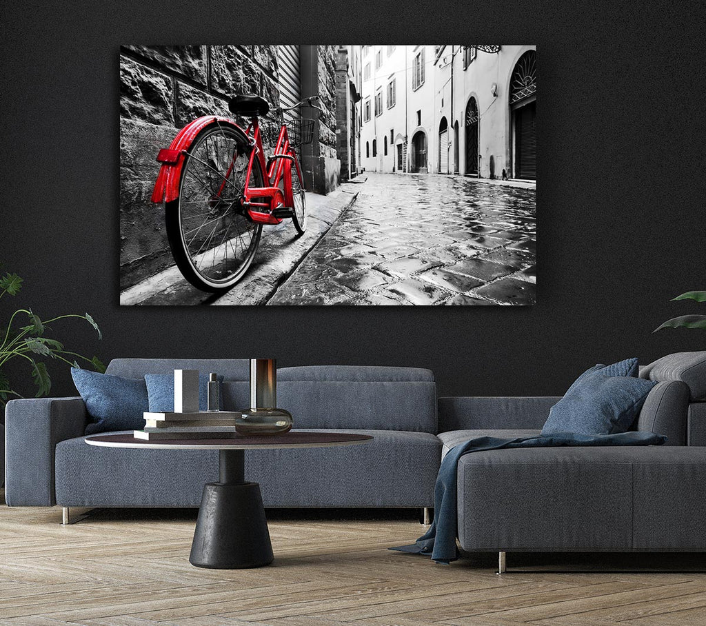 Picture of Red Bicycle In The Cobbled Streets Canvas Print Wall Art