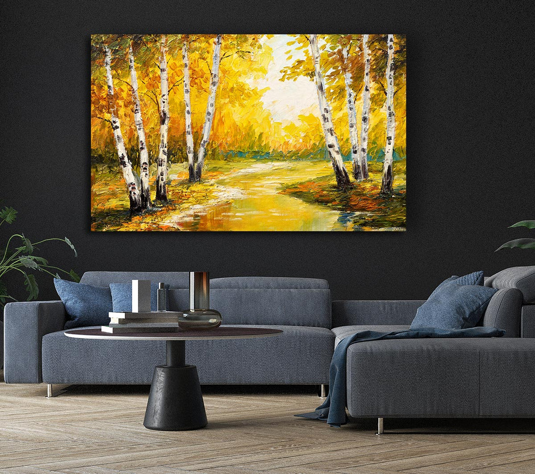 Picture of Yellow Silver Birch Walk Canvas Print Wall Art