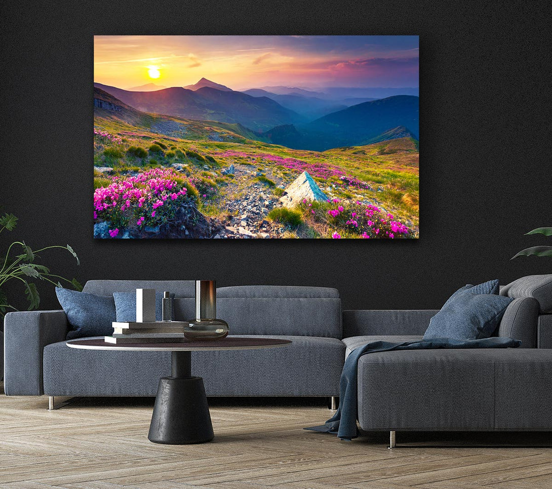  A Canvas Print of Beautiful mountain range and flowers Canvas Art
