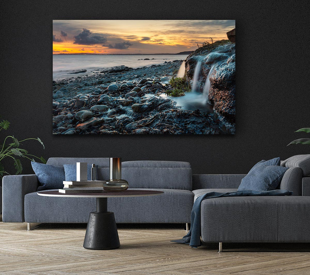 Picture of Water flows down the rocks into the sea Canvas Print Wall Art