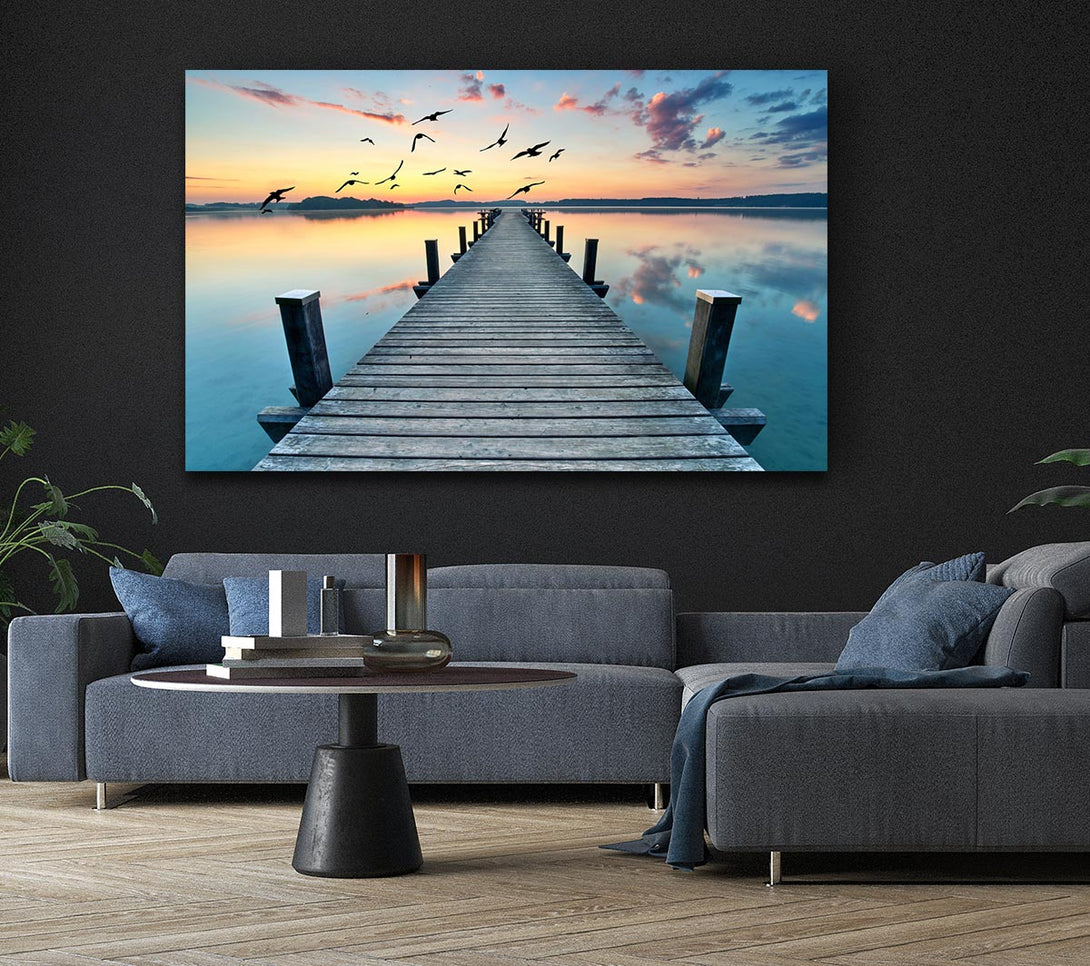 Picture of Bridge into the lake and seagulls Canvas Print Wall Art