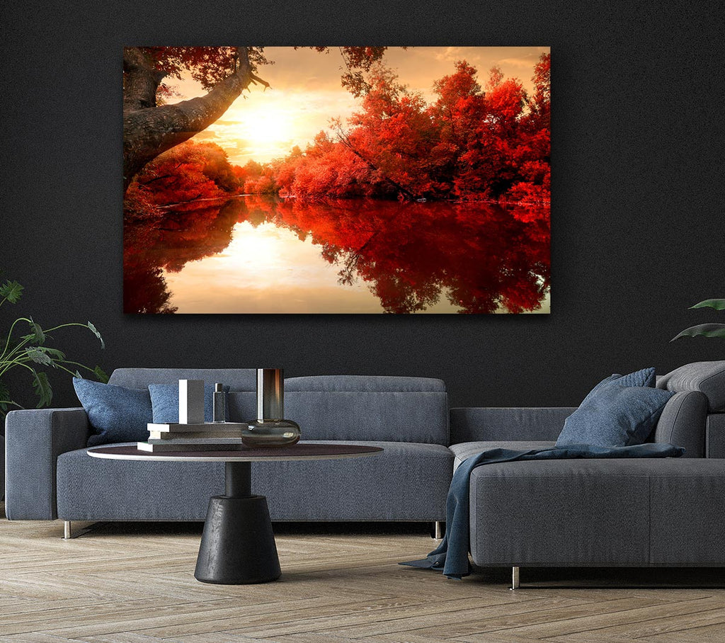 Picture of Stunning red forest reflections in the river Canvas Print Wall Art
