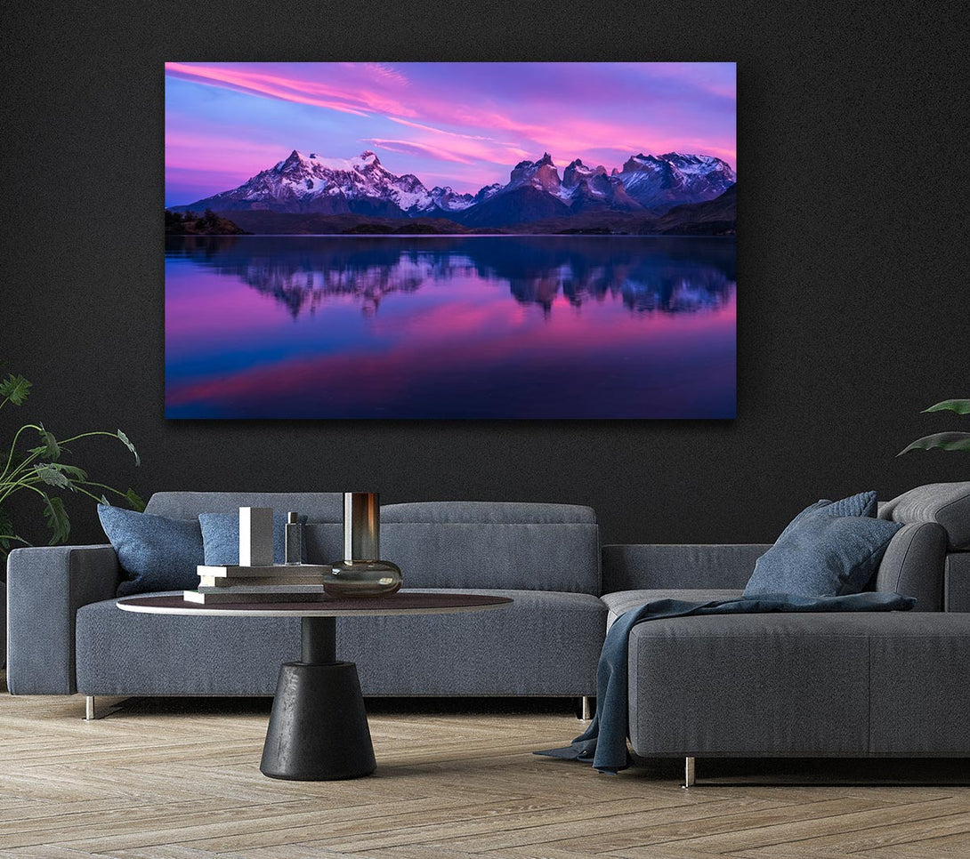 Picture of Purple and blue mountains above lake Canvas Print Wall Art