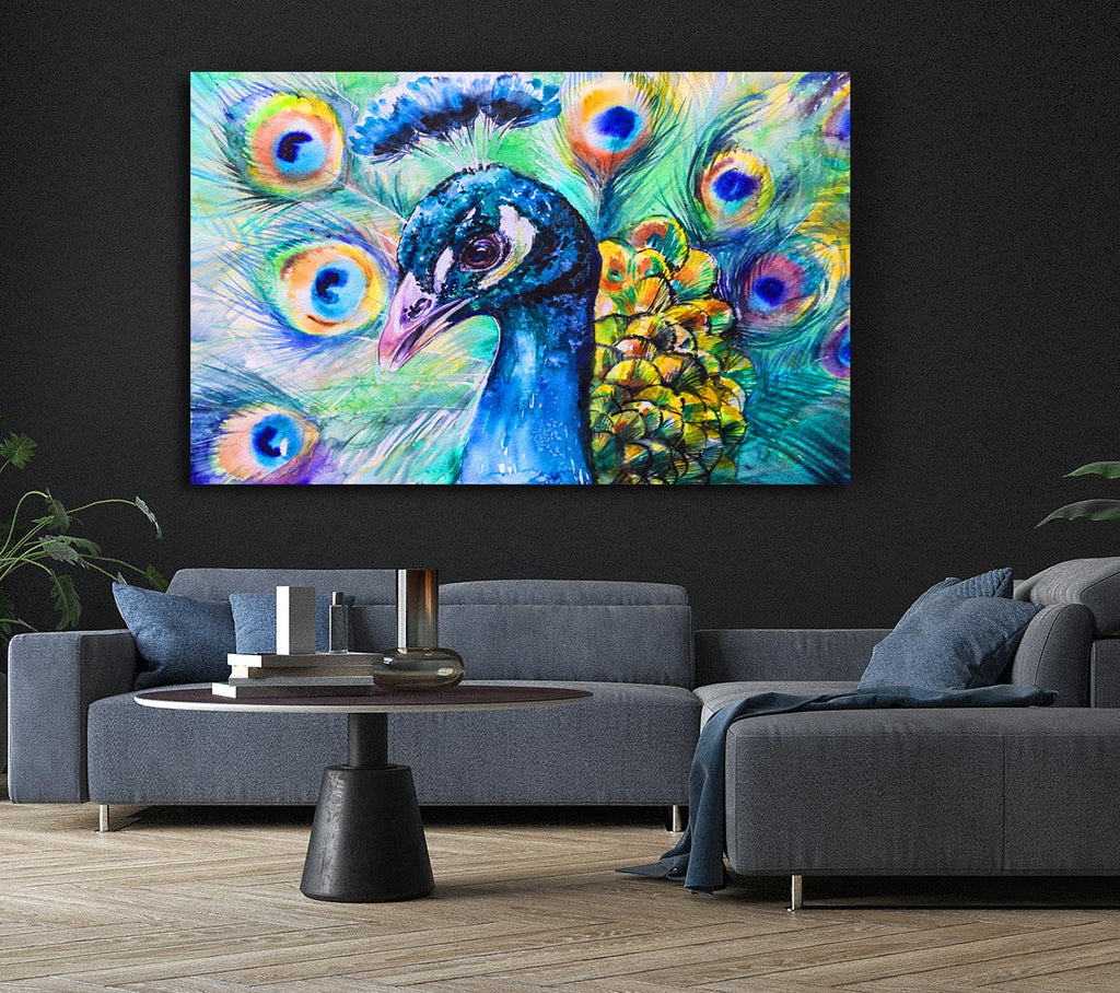 Picture of Vibrant Watercolour Peacock Canvas Print Wall Art