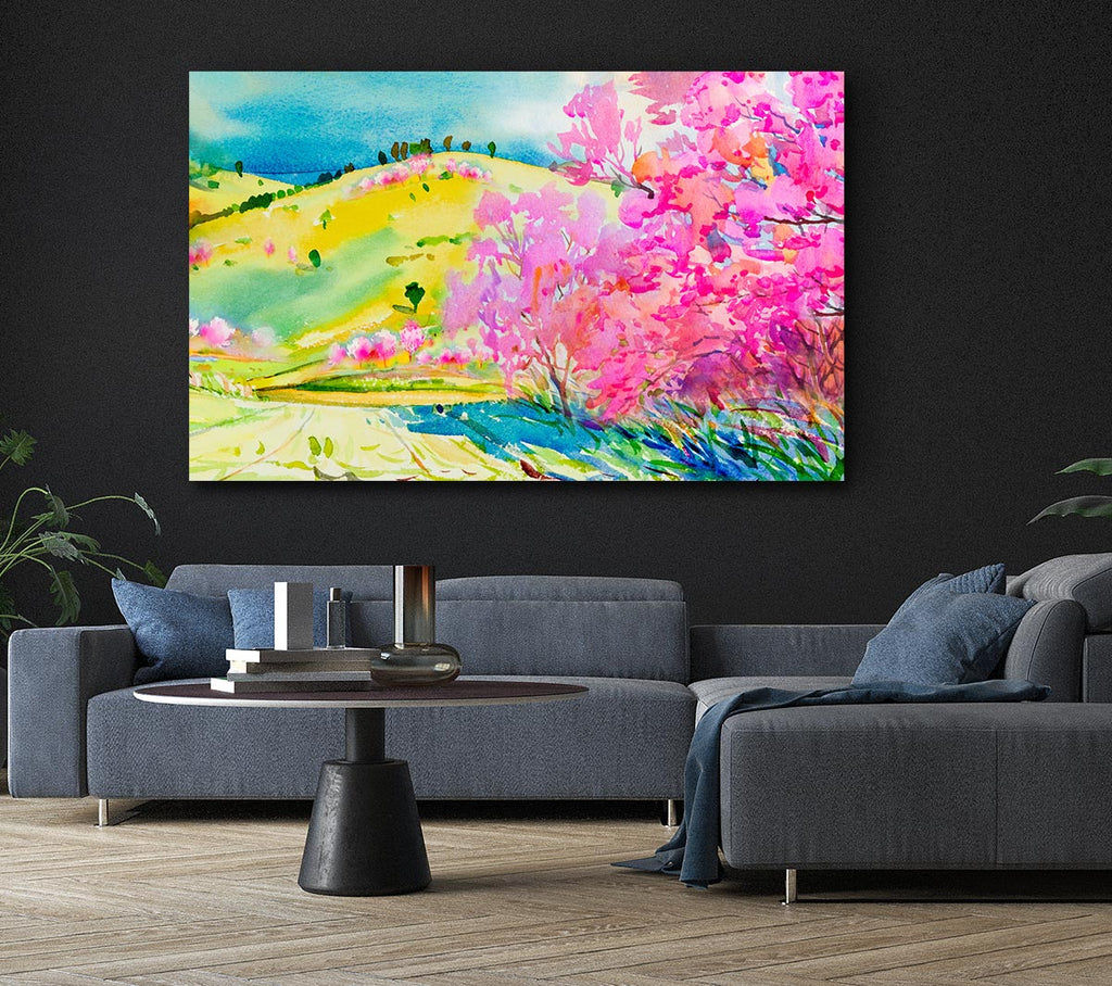 Picture of Pink Blossom Hilltops Canvas Print Wall Art