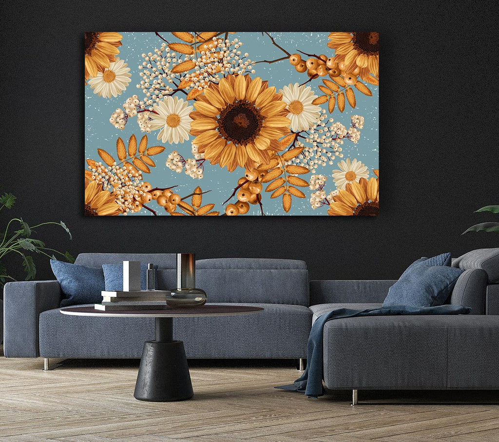 Picture of Sunflowers On Blue Canvas Print Wall Art