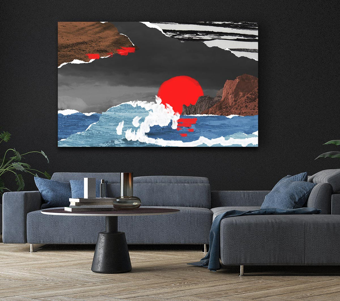 Picture of Cut Out Mountain Ocean Red Sun Canvas Print Wall Art