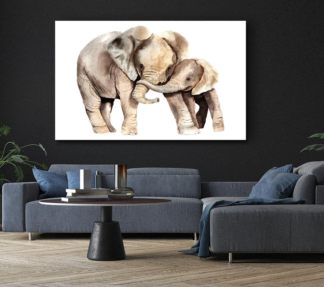  A Canvas Print of Elephants Holding Trunks Canvas Print