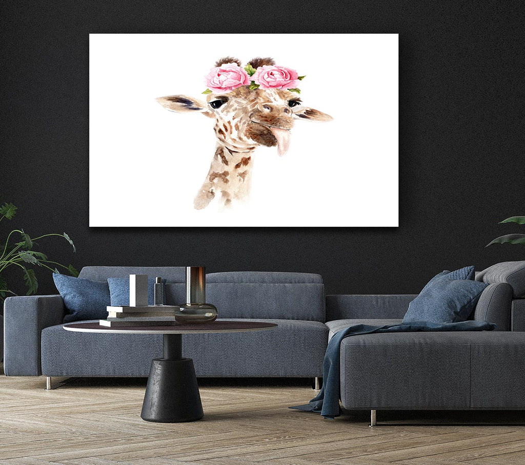 Picture of Roses On A Giraffe'S Head Canvas Print Wall Art