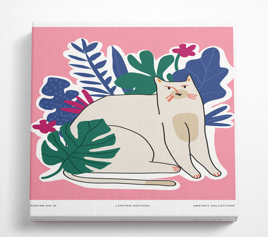 A Square Canvas Print Showing A Cat In Front Of The Flowers Square Wall Art