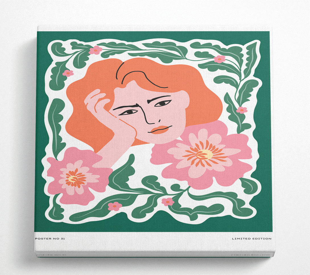 A Square Canvas Print Showing Pondering Woman Floral Square Wall Art